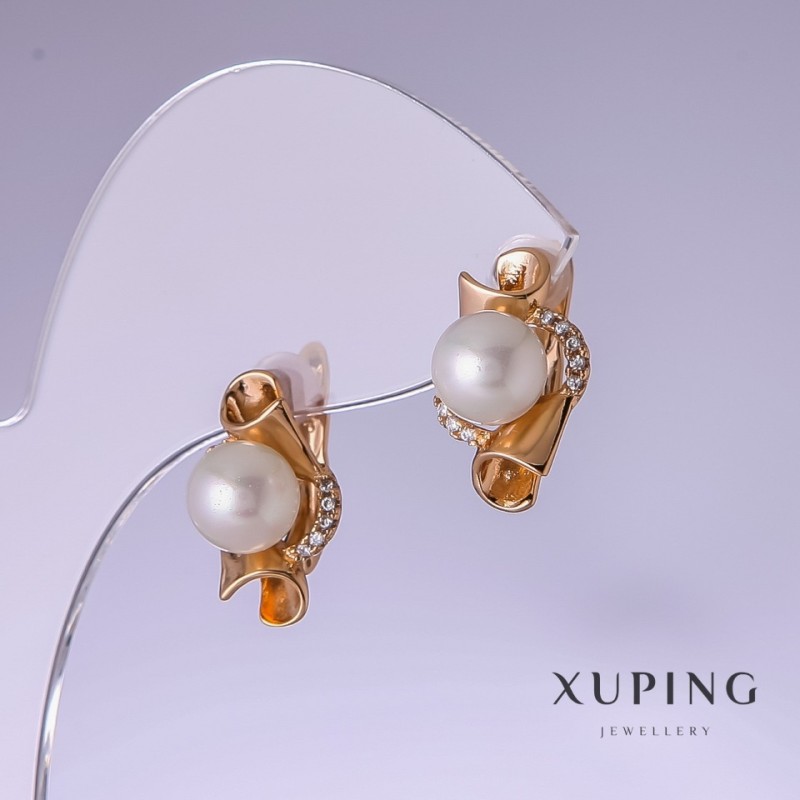 Cercei Xuping cu perle albe Mallorca, 17×10 mm, placare cu aur de 18K