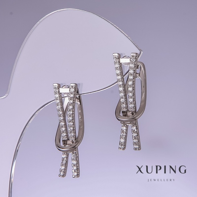 Cercei Xuping cu strasuri albe rodiu 25x7 mm