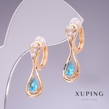 Cercei Xuping cu zirconii albaștri «Topaz» 26×8 mm placare cu aur 18K