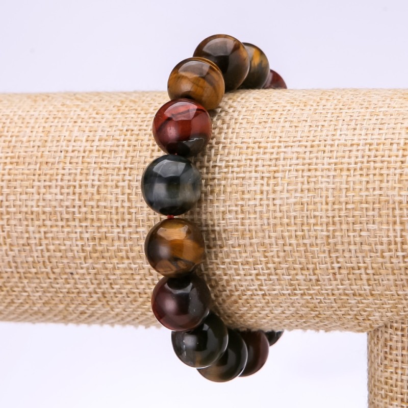 Brățară cu ochi de bou, ochi de șoim și ochi de tigru, diametrul 12 mm, circumferința 18 cm, pe elastic