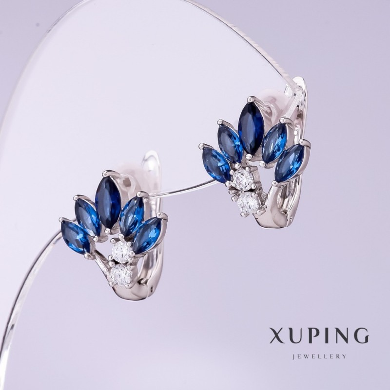 Cercei Xuping cu zirconii albastre în formă de evantai, diametrul 12 mm, lungimea 15 mm, placat cu rodiu