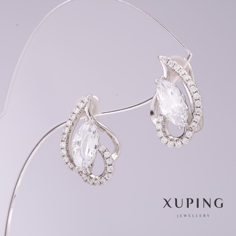 Cercei Xuping cu zirconii albe, diametru 9 mm, lungime 17 mm, rodiu