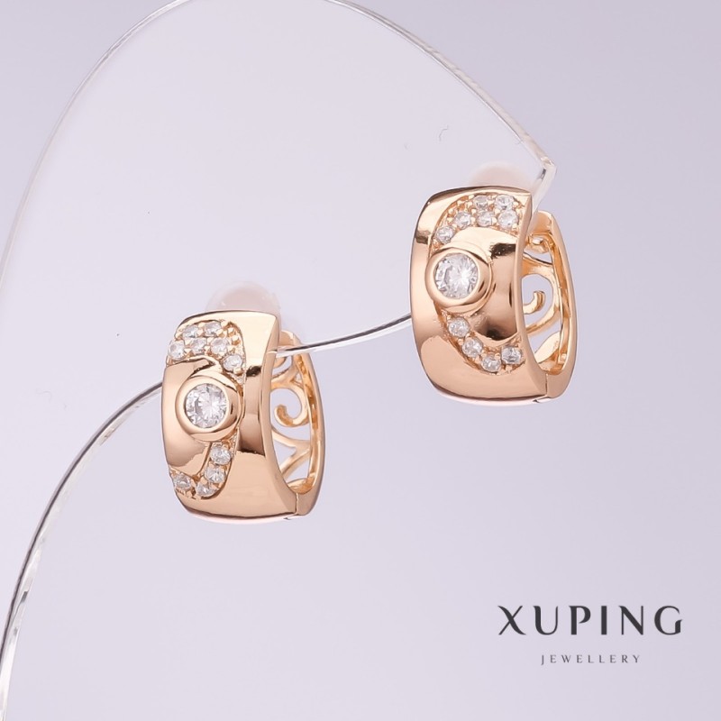 Cercei Xuping cu cristale albe, diametrul de 7 mm, lungimea de 14 mm, placare aur 18K