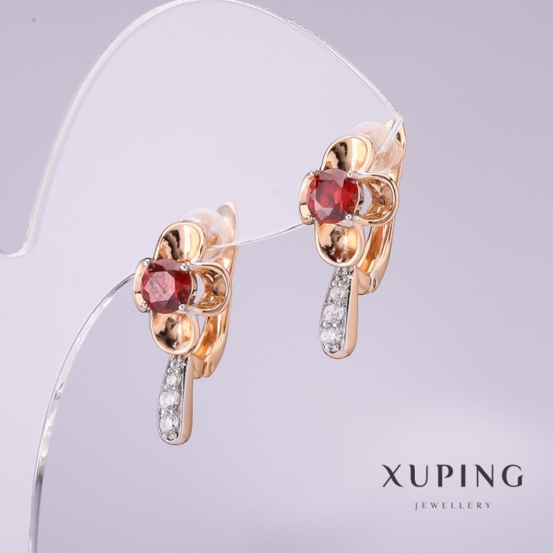 Cercei Xuping cu piatră roșie, 20×10 mm, placare aur 18K