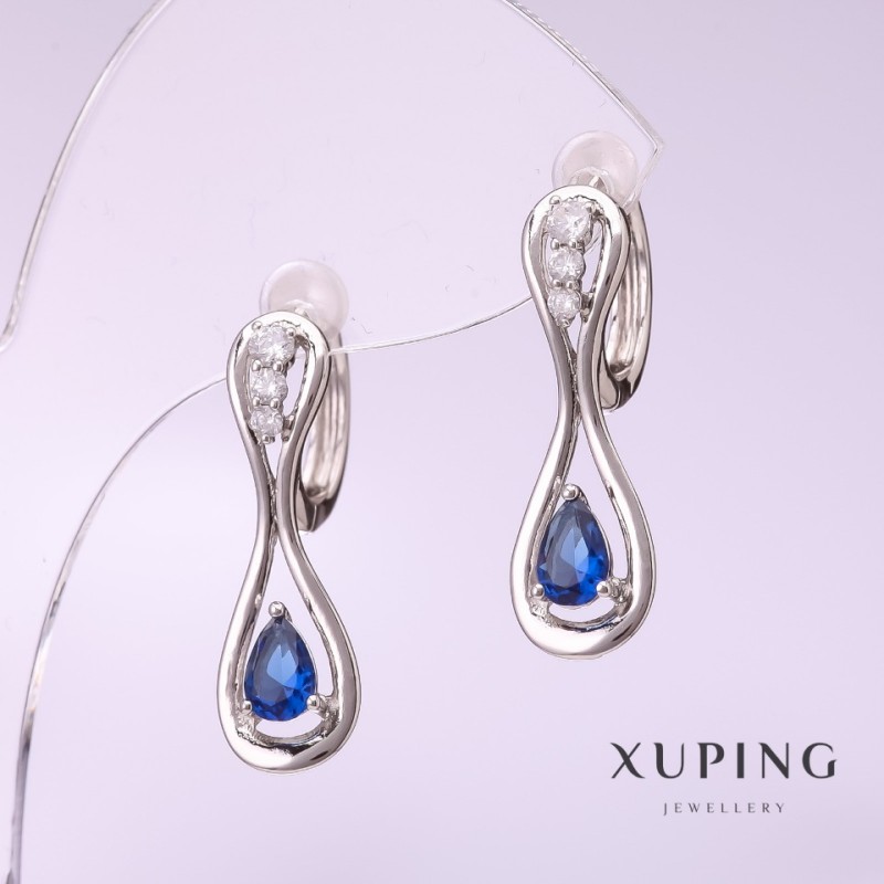 Cercei Xuping cu piatră albastră 25x8mm, placare cu rhodiu