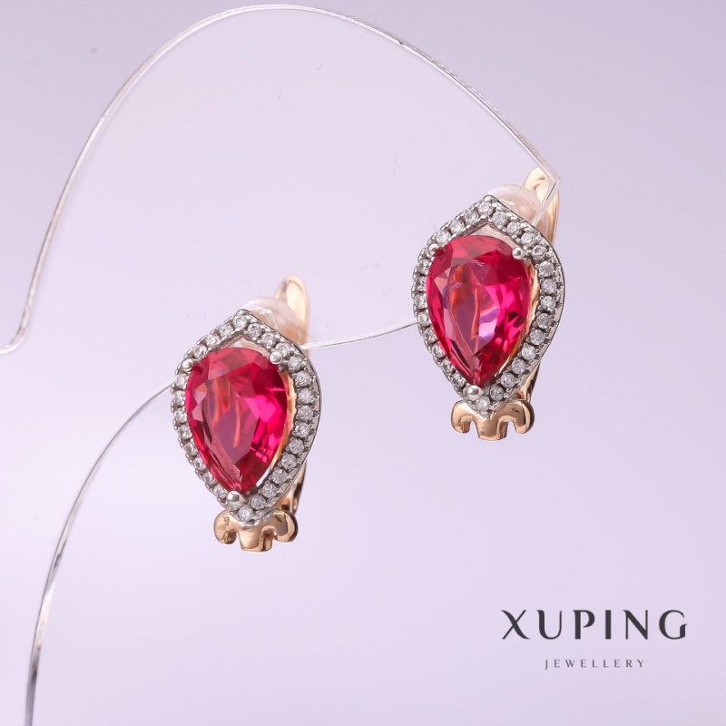 Cercei Xuping cu piatră de culoare zmeură, 10×14 mm, placare cu aur 18K