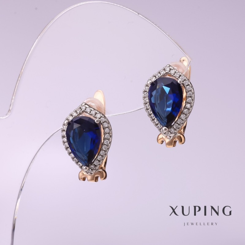 Cercei Xuping cu pietre albastre, 10×14 mm, placare cu aur 18K