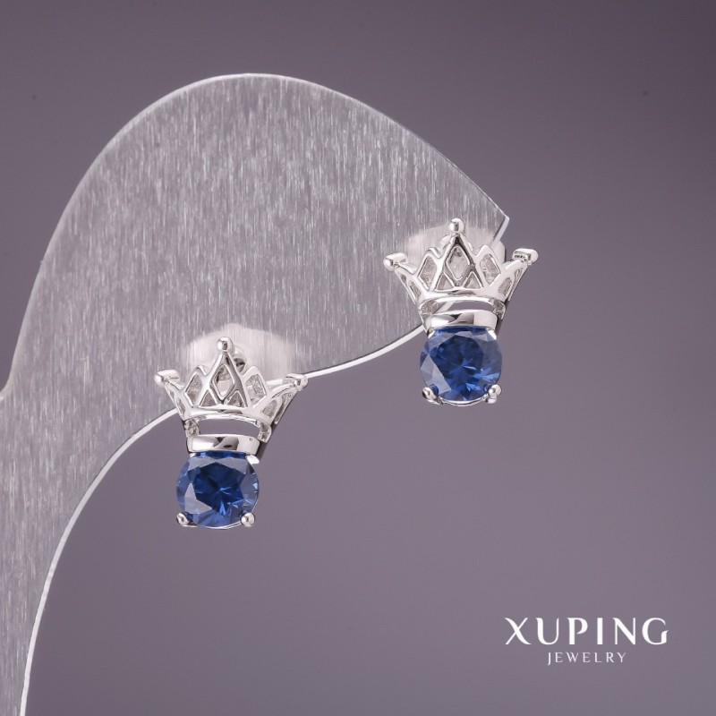 Cercei Xuping cu pietre albastre, 12x13 mm, acoperire rodiu