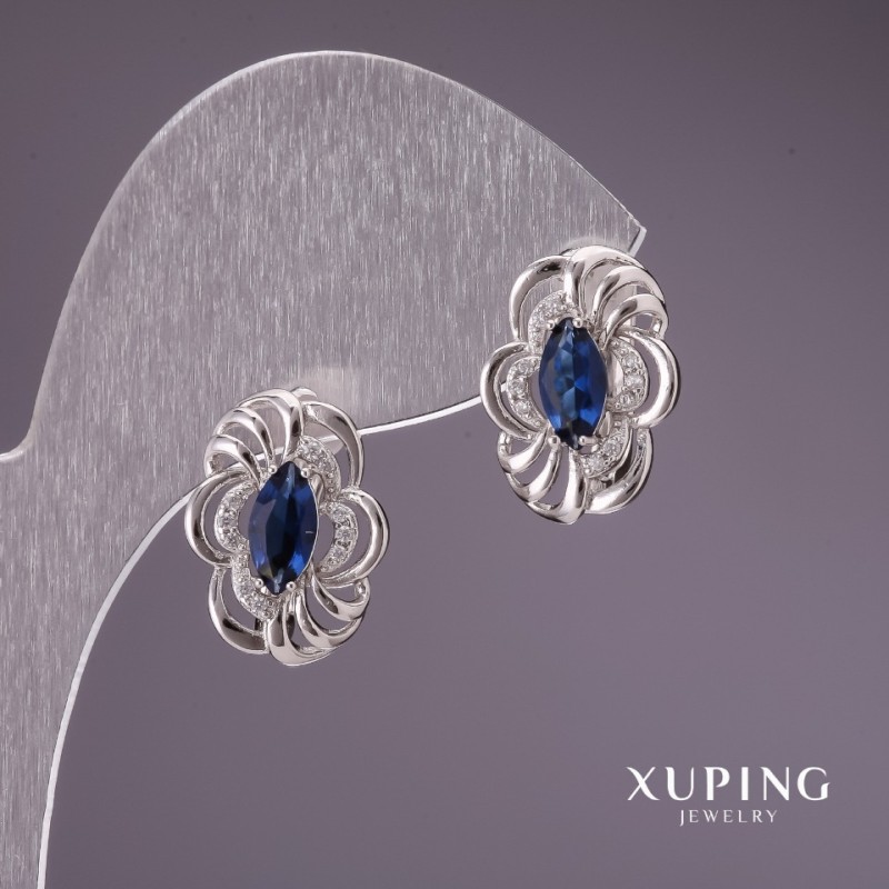 Cercei Xuping cu pietre albastre 17x12 mm, placare rodiu