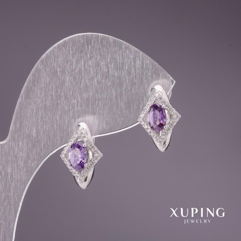 Cercei Xuping cu pietre mov deschis 15x10 mm, placare cu rodiu