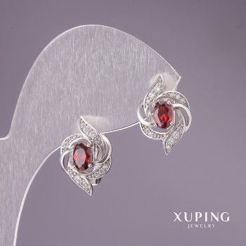 Cercei Xuping cu pietre roșii 17x12 mm, placare cu rodiu