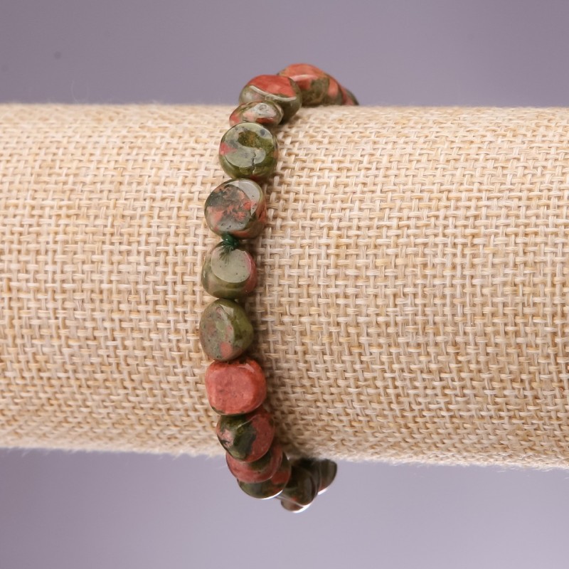Brățară cu heliotrop și unakit, șlefuită, diametrul 9-8(±) mm, lungimea 18 cm, pe elastic
