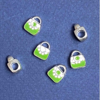 Mărgea-șarm Pandora, metal gri deschis, poșetuță verde, 10 mm, set de 6 buc.