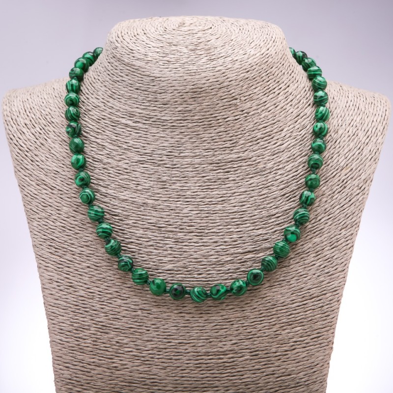 Colier din malahit, mărgele facetate, diametrul de 8 mm, lungime 48 cm