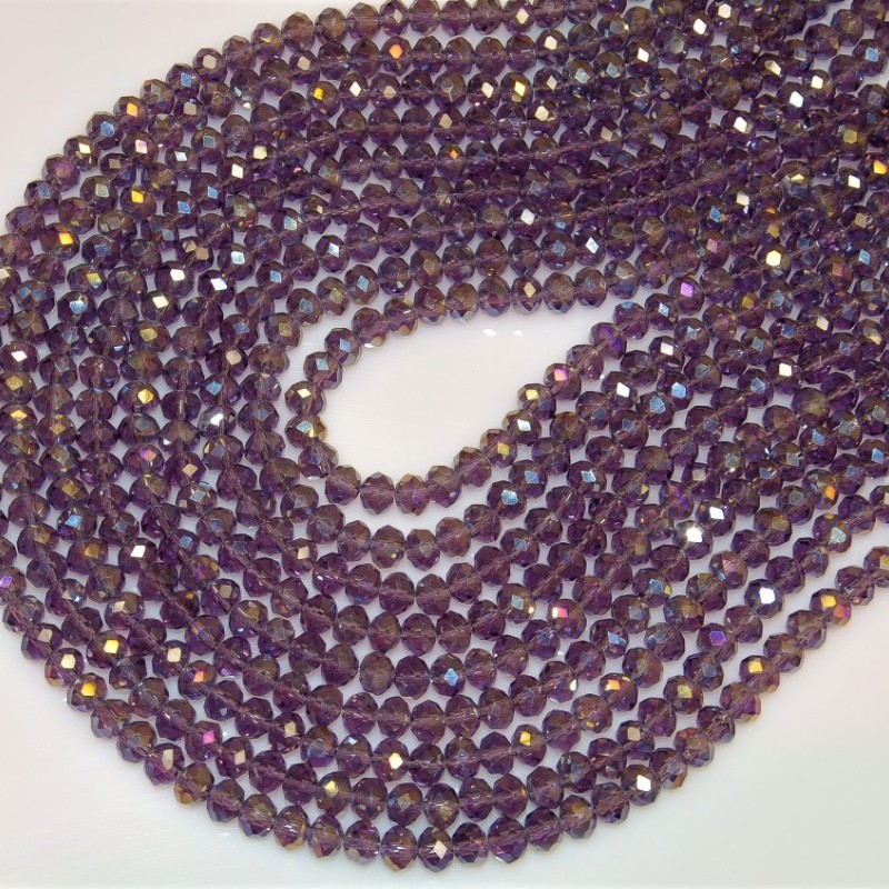 Mărgele din cristal ceh, transparente violet deschis, cu finisaj 'benzină' și formă rondelle, diametru 6x4 mm, pe șnur de 40 cm