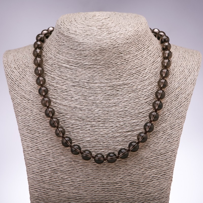 Colier din piatră naturală cu topaz fumuriu, biluțe netede, diametru 10 mm, lungime 48 cm