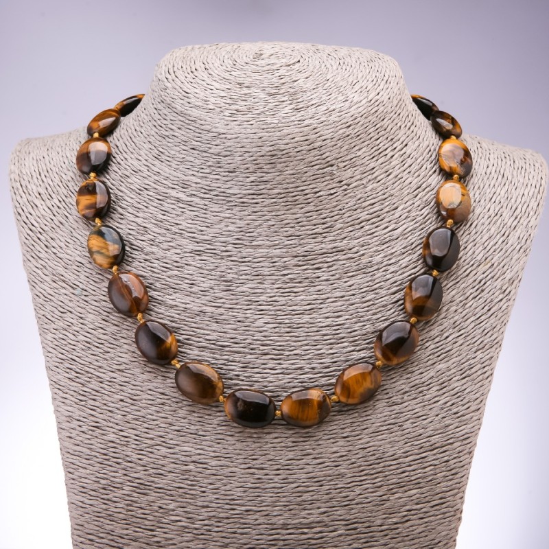 Colier din piatră naturală – ochi de tigru, oval plat, diametrul 13×18 mm, lungime 45 cm