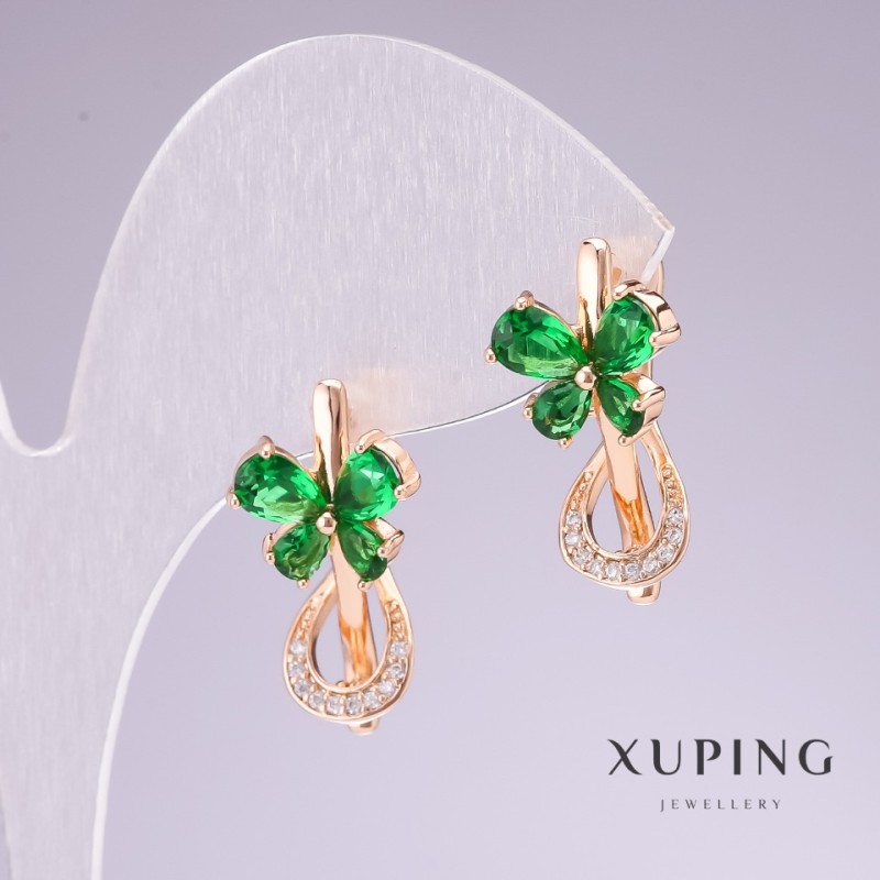 Cercei Xuping cu placare aur 18K, cu pietre verzi și strasuri albe, 20×11 mm