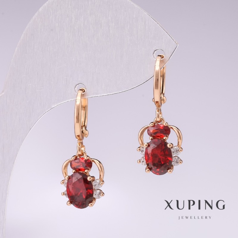 Cercei Xuping «Păianjeni» placare cu aur 18K, cu piatră roșie și cristale albe, 25×10 mm
