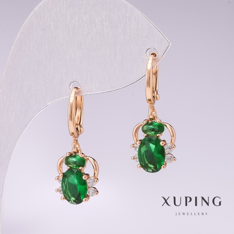 Cercei Xuping Păianjeni, placare cu aur de 18K, cu pietre verzi și strasuri albe, 25×10mm