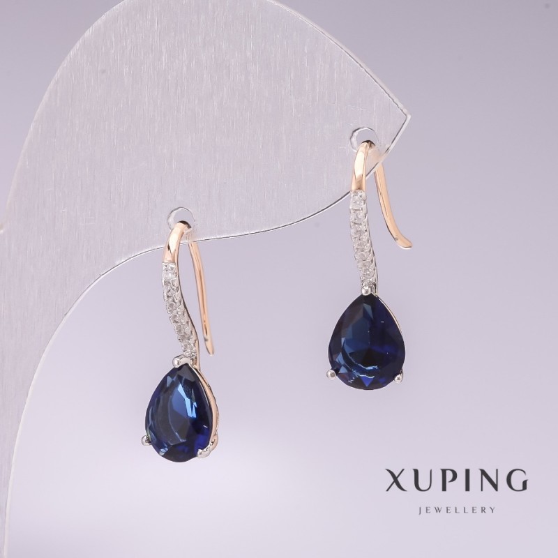 Cercei Xuping placare cu aur 18K, rodiu cu pietre albastre și strasuri albe 21×7 mm