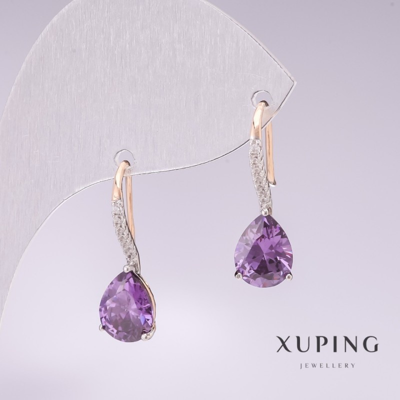 Cercei Xuping placare cu aur 18K, rodiu cu pietre mov și cristale albe 21x7mm