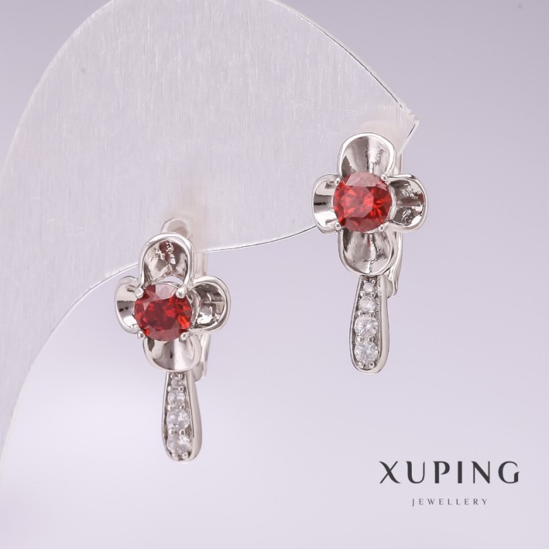 Cercei placate cu rodiu Xuping, cu pietre roșii și strasuri albe 20x10mm