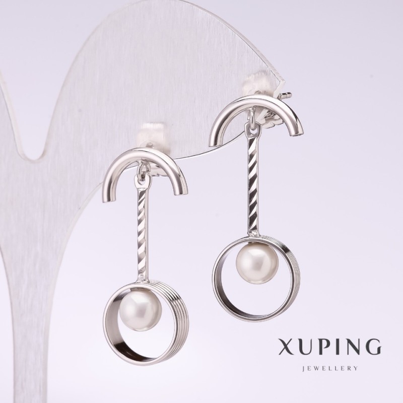 Cercei Xuping cu perlă Mallorca albă 30×5 mm, rodiu