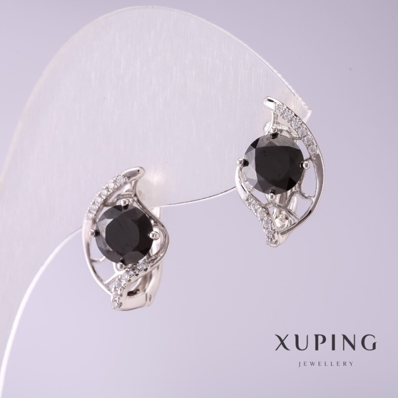 Cercei Xuping cu pietre negre 17x10 mm rodiu