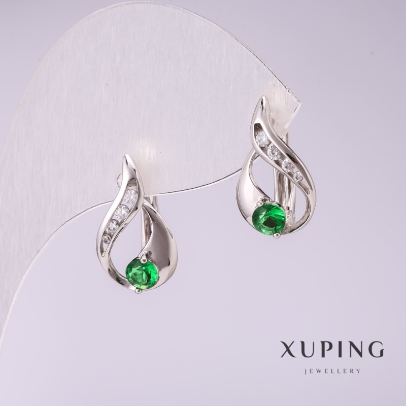 Cercei Xuping cu pietre verzi 17x10 mm placate cu rodiu