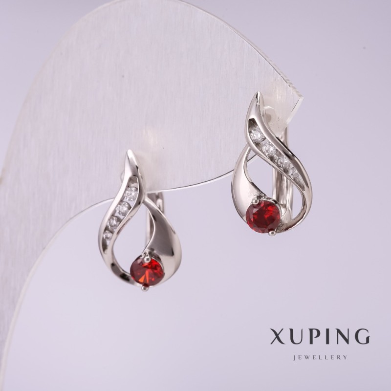 Cercei Xuping cu pietre roșii 17x10 mm rodiu