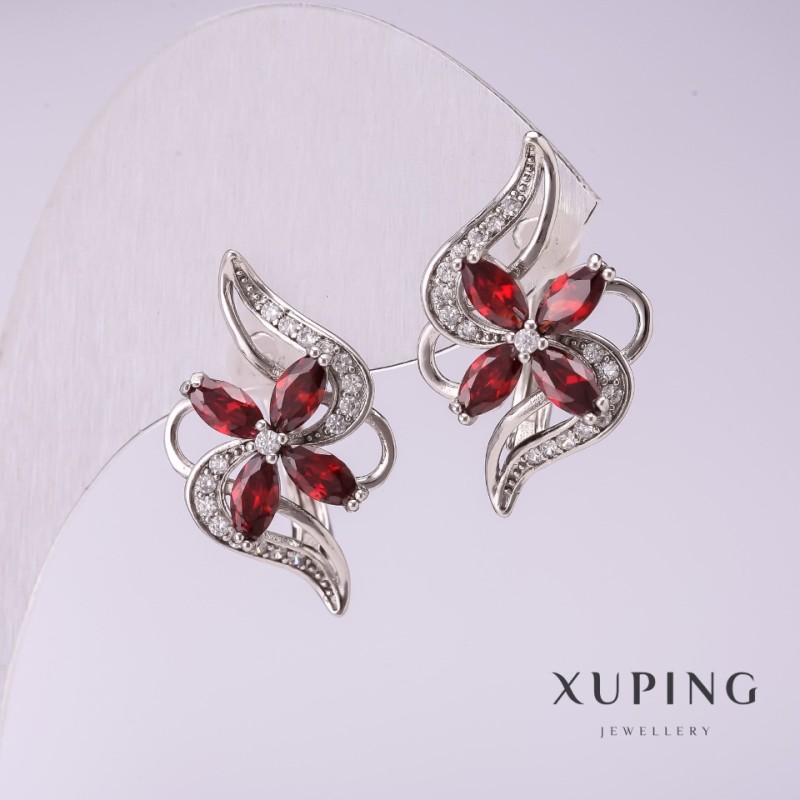 Cercei Xuping cu pietre roșii 10x24 mm, placare cu rodiu