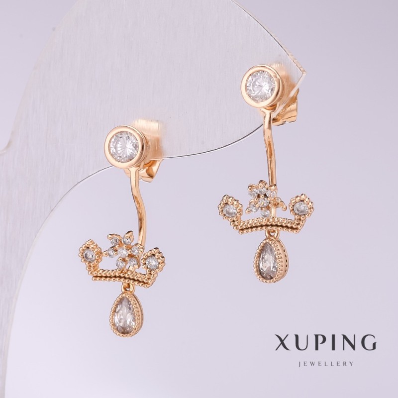 Cercei Xuping «Coroane» cu strasuri albe 28×12 mm, placare cu aur 18K