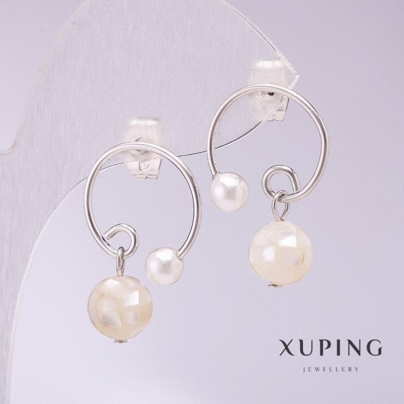 Cercei Xuping – inele cu perle sidefate, 17x23 mm, rodiu