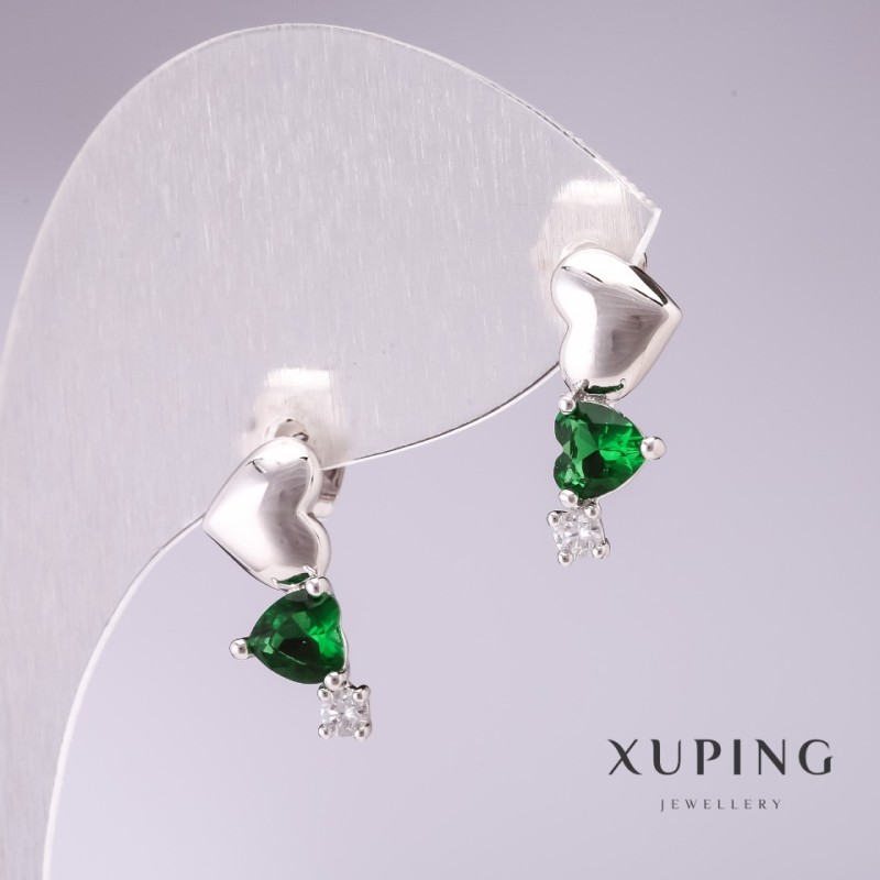 Cercei Xuping – ghirlandă de inimioare cu pietre verzi, 17x7 mm, placate cu rodiu