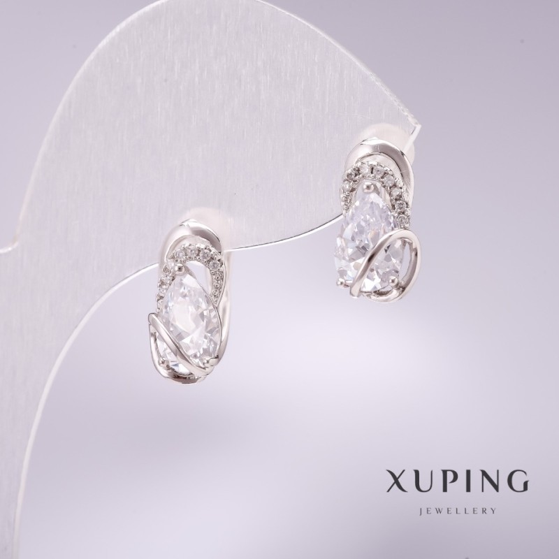 Cercei Xuping cu pietre albe 14x8 mm rodiu