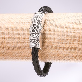 Brățară Craniu din piele ecologică împletită, neagră, lungime 20 cm