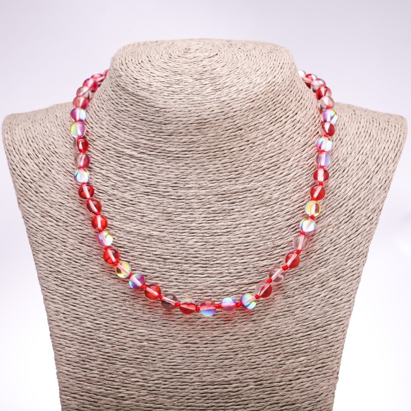 Colier din sticlă opal roșu intens, cu mărgele netede de 8 mm, lungime 45 cm