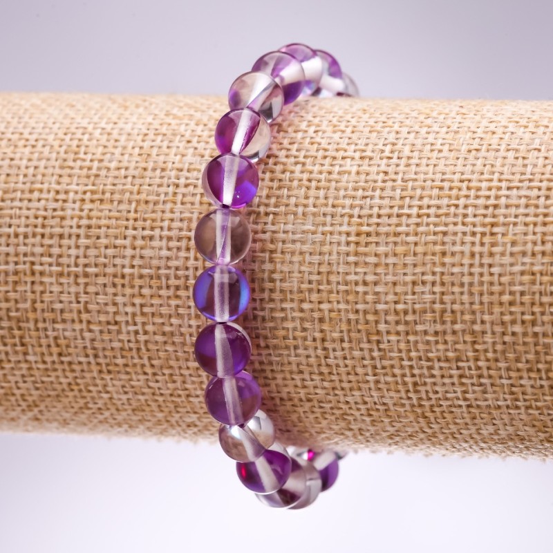 Brățară din sticlă opal mov, bile netede, diametrul de 8 mm, lungimea de 18 cm, pe elastic