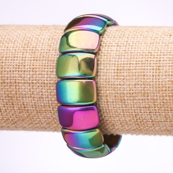 Brățară cu hematit, cu finisaj curcubeu „Benzini” zale 12×20 mm, lungime 18 cm, pe elastic