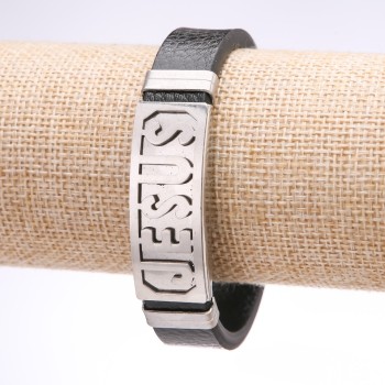 Brățară pentru bărbați „Isus” din piele ecologică, lată, placă din oțel, grosime 14–16 mm, lungime 20 cm