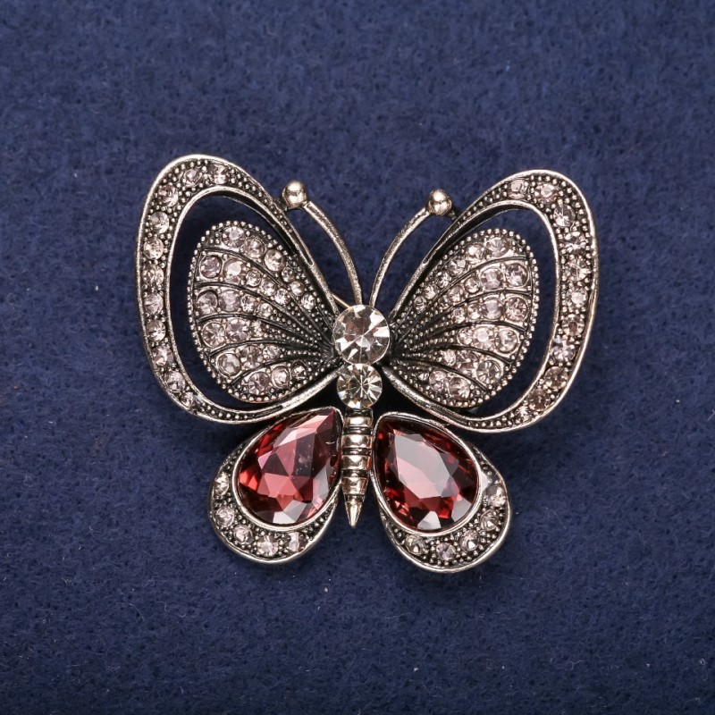 Broșă Fluture cu pietre maro, 50×44 mm, metal galben