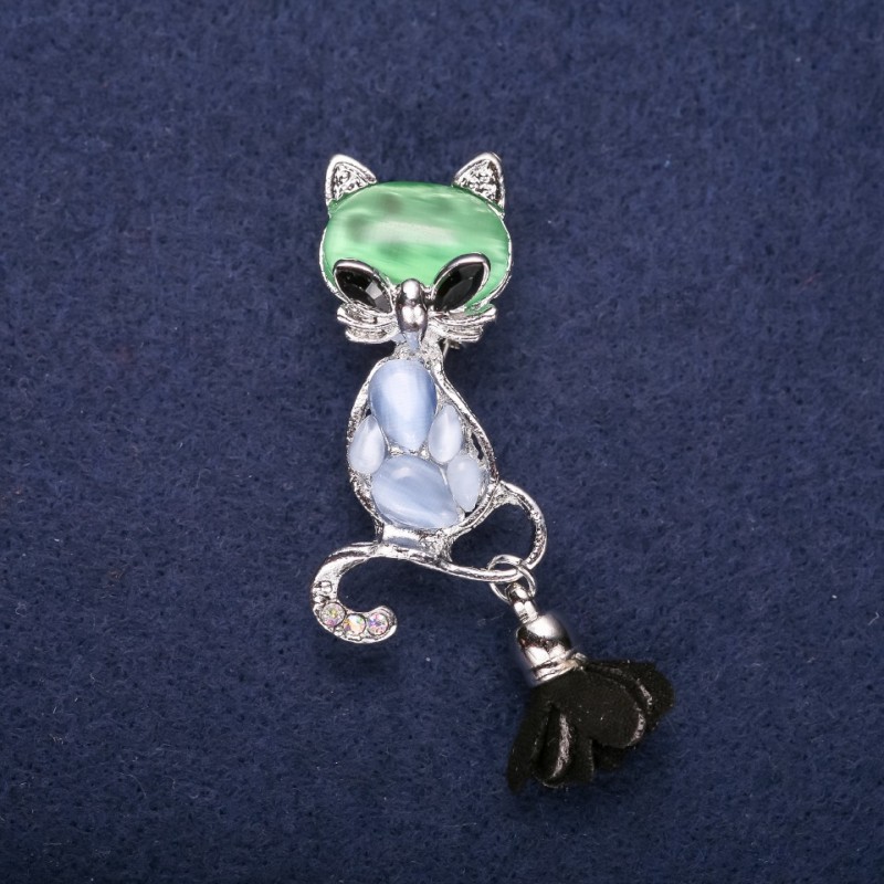 Broșă pisicuță cu piatră albastră — ochi de pisică, 58×17 mm, metal argintiu, cu pensulă