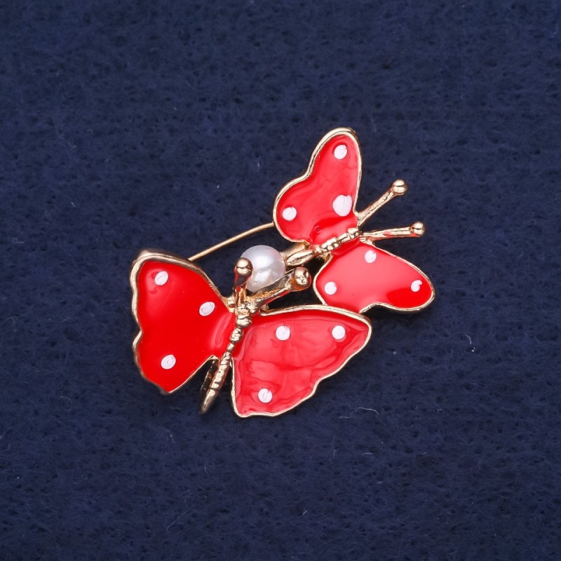 Broșă Fluturii email roșu 32×26 mm, metal galben