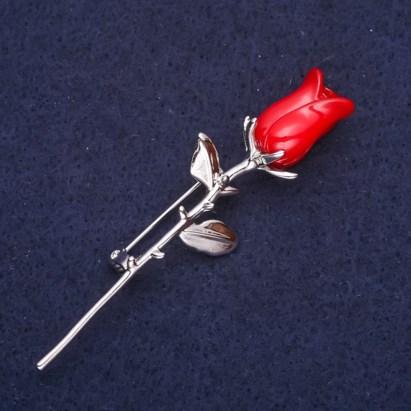 Broșă Floare de trandafir, culoare roșu, 66x19 mm, metal argintiu