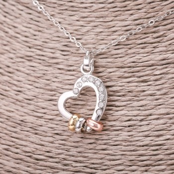 Pandantiv pe lanț în formă de inimă, culoare cristale albe, diametrul 16×23 mm, lungime 45–50 cm, metal argintiu