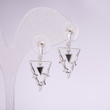 Cercei știft Triunghiuri, serie 925, cu cristale albe, culoare argintiu, 14×28 mm, metal argintiu