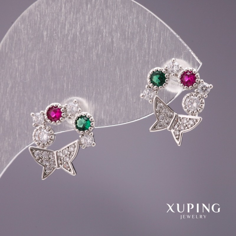 Cercei Xuping, știfturi cu fluturași din strasuri, culoare albă, verde și vișiniu, 13×12 mm, rodiu