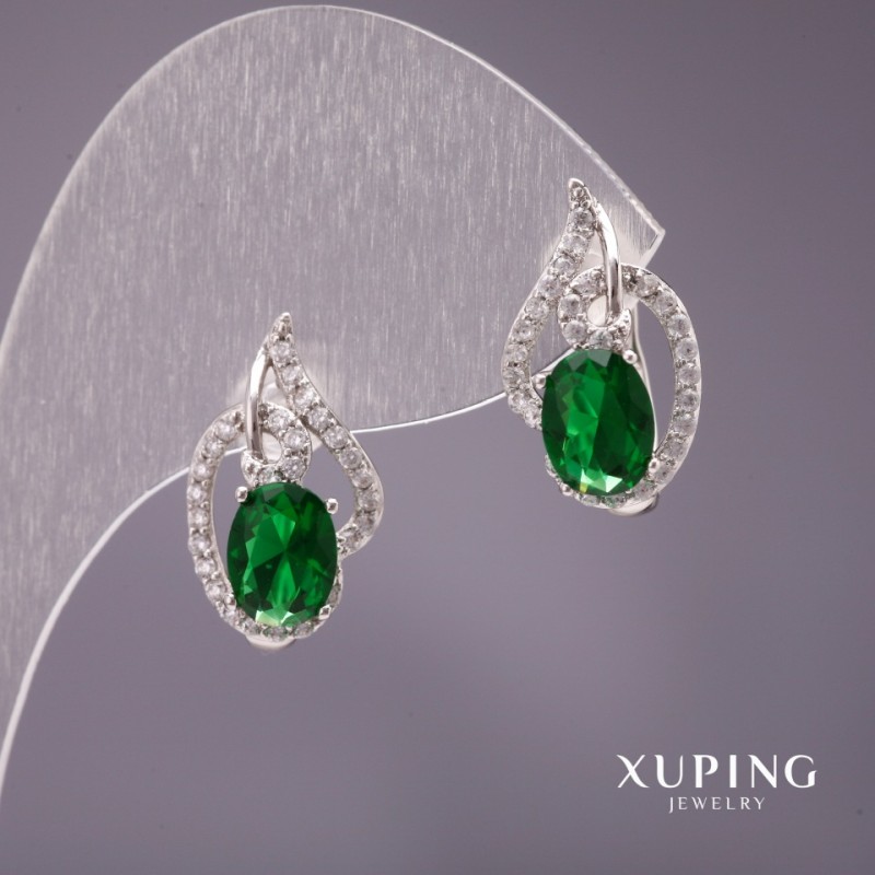 Cercei Xuping cu piatră verde, 18×11 mm, placare cu rhodiu