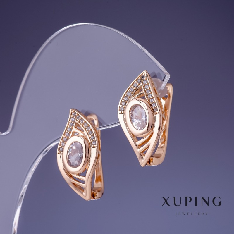 Cercei Xuping cu piatră albă, 20x10 mm, placare cu aur 18K